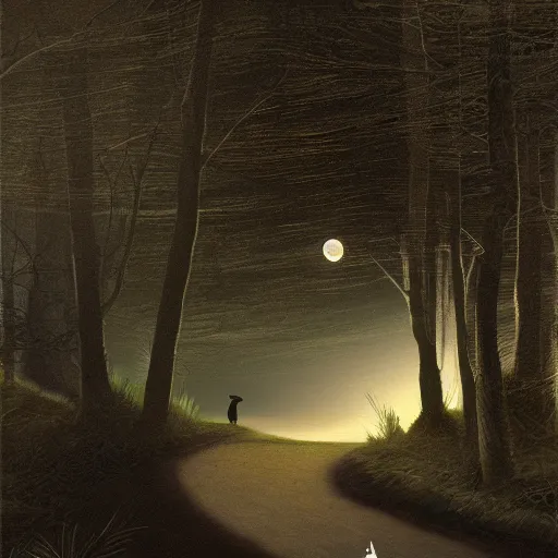 Image similar to matte painting of a tabby cat walking on a path in a dark moonlit Maine forest, serene, highly detailed, by caravaggio and alan lee, trending on artstation, 4k