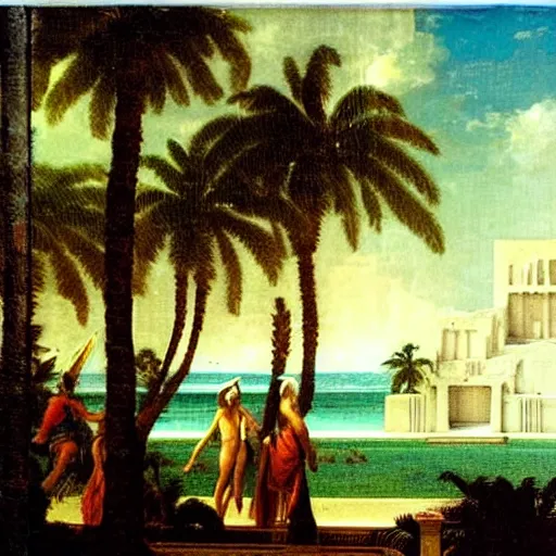 Image similar to The biggest palace ever made, thunderstorm, greek pool, beach and palm trees on the background major arcana sky, by paul delaroche, magazine photo from 2007, hyperrealistic 8k, very detailed