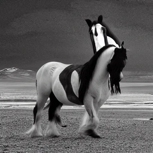 Prompt: horse, clydesdale horse, the penguin is riding on the horse's back