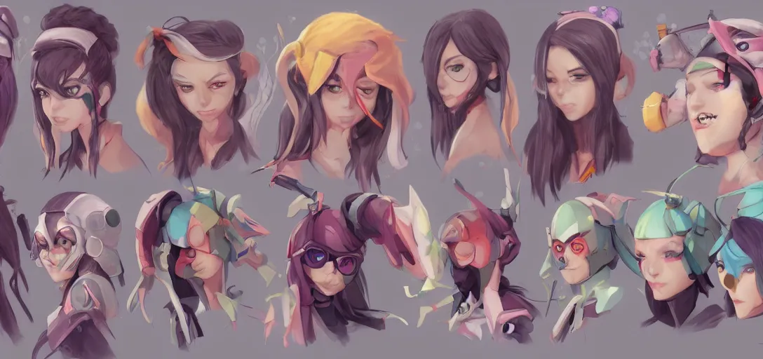 Image similar to concept art of egirl female video game characters head designs, wild, pastels, disgaea, flcl, overwatch, by marc brunet and artgerm