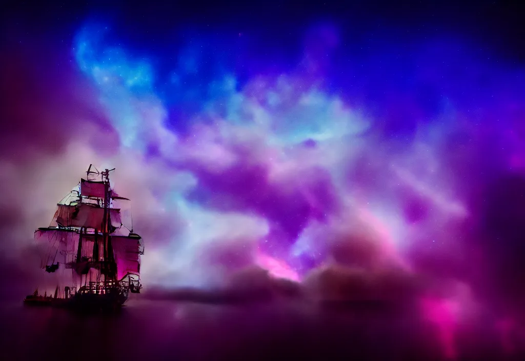 Image similar to purple color lighting storm with stormy sea, pirate ship pirate ship pirate ship firing its cannons trippy nebula sky 50mm shot fear and loathing movie