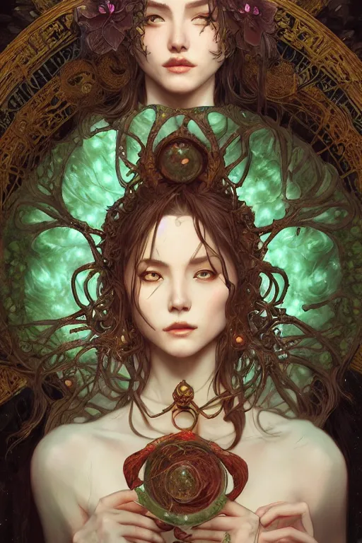 Image similar to beautiful ancient forgotten witch uses jade magic, highly detailed, digital painting, artstation, sharp focus, illustration, art by tan zi and ayanamikodon and alphonse mucha and wlop