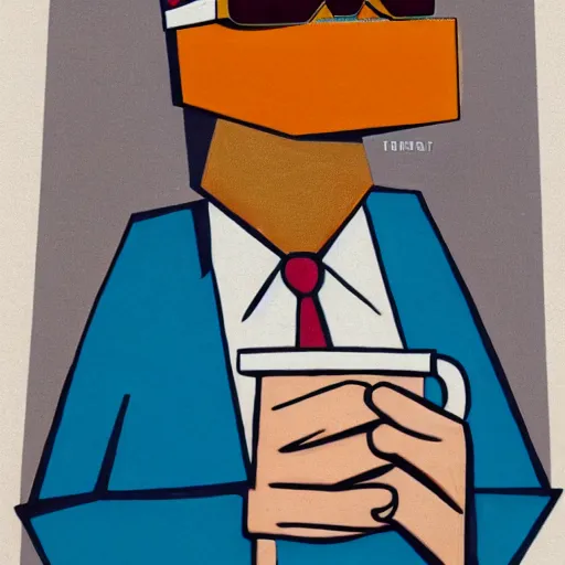 Prompt: a t-rex wearing sunglasses and holding a cup of coffee on a sunny day, cubism