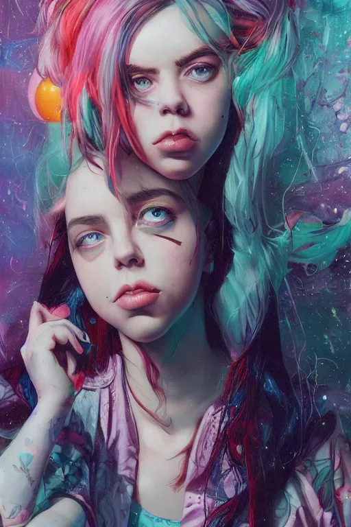 Image similar to billie eilish happy portrait of a vaporwave girl in a cluttered 9 0 s bedroom, by artgerm, tom bagshaw, gerald brom, vaporwave!, vaporwave colors!, lo fi colors, lo fi, 4 k, hd,