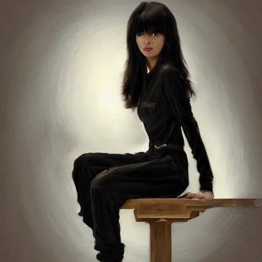 Image similar to Portrait of a woman by Greg Rutkowski, she is about 30 years old, mixture between korean, indian and arabian, pretty, black straigh hair with bangs, attractive, tall and slim, she is wearing beigen and black utilitarian jumpsuit, highly detailed portrait, scifi, digital painting, artstation, concept art, smooth, sharp foccus ilustration, Artstation HQ