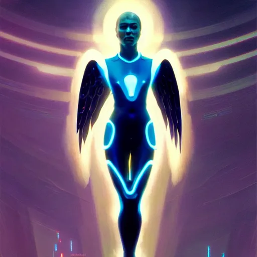 Image similar to tron legacy angel, diffuse lighting, hyper realistic, elegant, concept art, intricate, hyper detailed, smooth, sharp focus, illustration, trending on artstation, art by greg rutkowski and james gurney and alphonse mucha