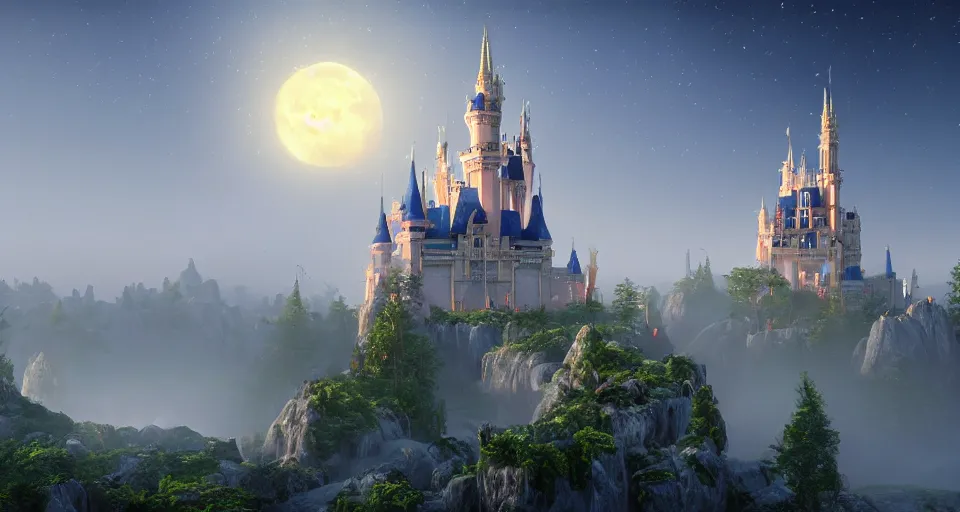 Prompt: happy disney castle rising up from the mist in the morning silhouetted by a single huge moon, realistic, unreal engine, 8k, wide angle, f12, waterfall, butterflies, unicorn, crystal lake, anders zorn, thomas kincade, trending on artstation, lava, dungeons and dragons, fun, happy