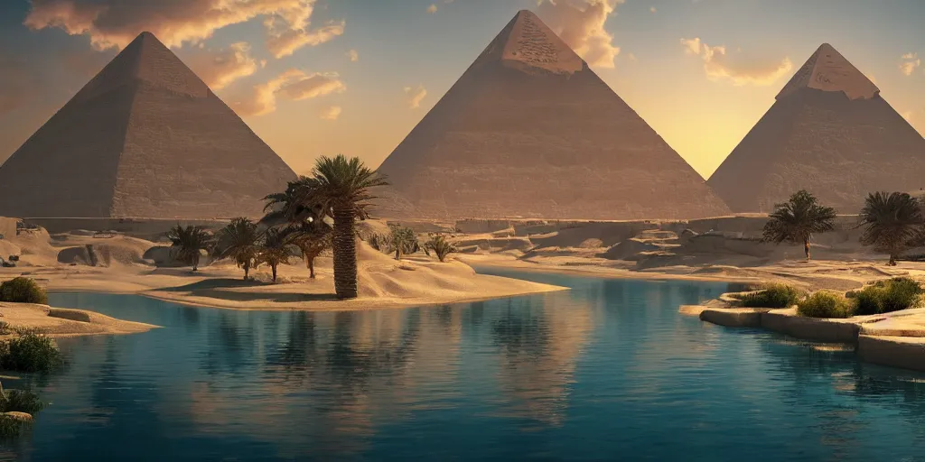 Image similar to beautiful egypt landscape, environment, lake, film, dramatic, cinematic, highly detailed, mid day, large scale, hyperrealistic, realistic lighting, octane render, by wlop, artgerm, trending on artstation hd, 8 k, clear, sharp