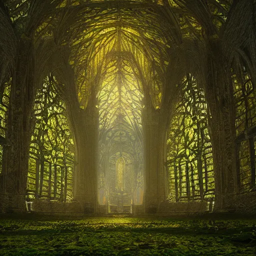 Prompt: concept art, cathedral in a rain forrest, moss, symmetry, octane, soft render, intricate, blender art, the golden ratio, mysticism, cinematic, hd wallpaper