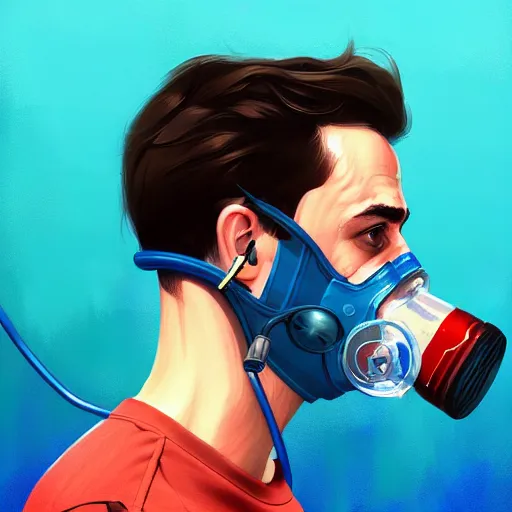 Image similar to a profile photo of a man with oxygen cylinder and mask, side profile in underwater, highly detailed, digital painting, artstation, concept art, smooth, sharp focus, illustration by Sandra Chevrier