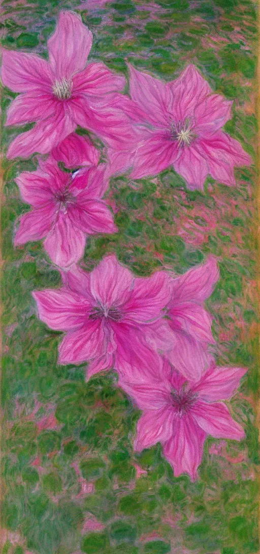 Prompt: beautiful pink dripping clematis by claude monet, oil on canvas