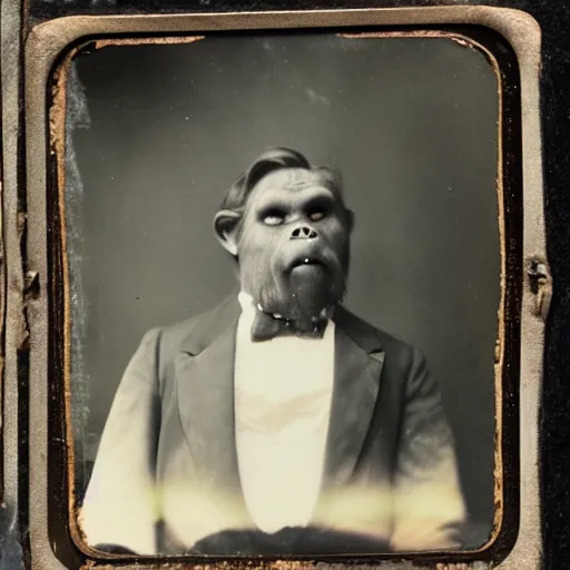 Prompt: a tintype photo of Bigfoot dressed in a tuxedo-H 768