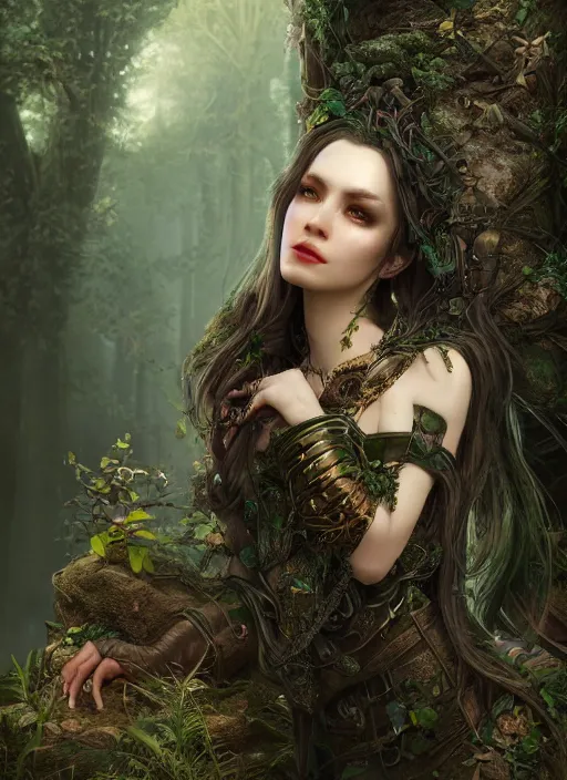 Image similar to Beautiful art portrait of a female fantasy sorceress in a dark mystical fantasy temple surrounded by lush spring time forest, atmospheric lighting, intricate detail, cgsociety, hyperrealistic, octane render, RPG portrait, ambient light, dynamic lighting