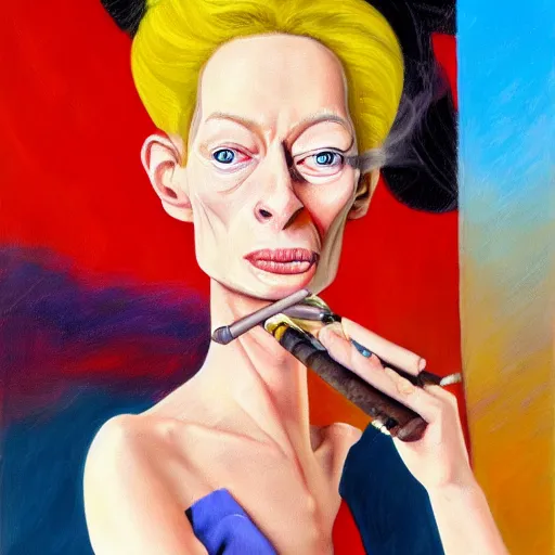 Image similar to an oil painted caricature of a young tilda swinton with a cuban cigar in her hand, blowing out smoke, by salvador dalí, trending on art station, 4K, studio ghibli color scheme