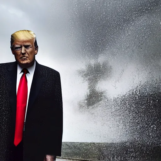 Prompt: 4 k hdr full body wide angle sony portrait of donald trump in a showering rainstorm with moody stormy overcast lighting