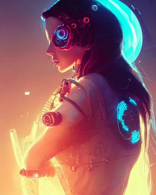 Image similar to portrait of lana del rey as a cyberpunk cyborg. roses, sci - fi, missing panels, intricate abstract upper body intricate artwork, by tooth wu, wlop, beeple, dan mumford. concept art, octane render, deviantart, greg rutkowski, cinematic, key art, hyperrealism, iridescent accents