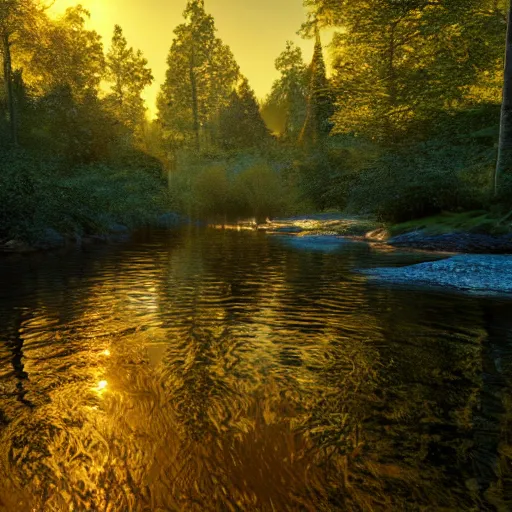 Image similar to river in a forest, golden hour, ray tracing reflection, 8k, hyper realistic, insainly detailed, hdr, octan render