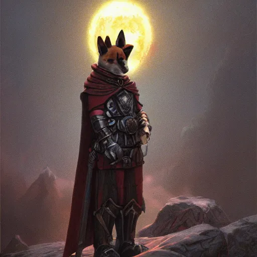 Image similar to game : gothic 2 paladin armor, anthropomorphic shiba inu, shiba inu face, stuning 3 d render, masterpiece, glowing aura, by donato giancola and greg rutkowski and wayne barlow and zdzisław beksinski, realistic face