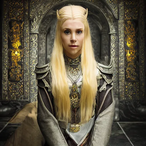 Prompt: the elder scrolls vi, charismatic regal blonde high elf female jarl, portrait, exquisitely designed throne room, atmospheric lighting, painted, intricate, volumetric lighting, beautiful, daytime, sunny weather, slight overcast, sharp focus, deep colours, ultra detailed, by leesha hannigan, ross tran, thierry doizon, kai carpenter, ignacio fernandez rios