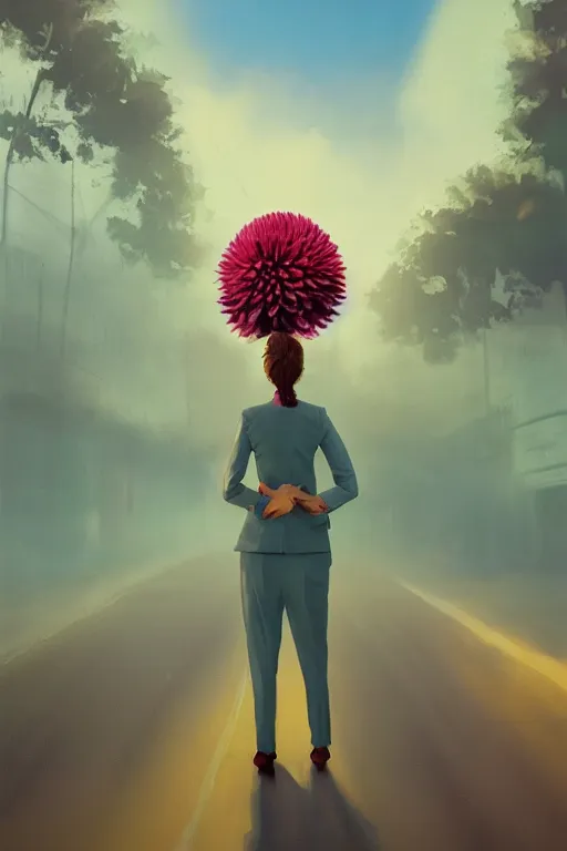 Prompt: giant dahlia flower head, frontal, girl in a suit, standing in street, surreal photography, sunrise, dramatic light, impressionist painting, digital painting, artstation, simon stalenhag