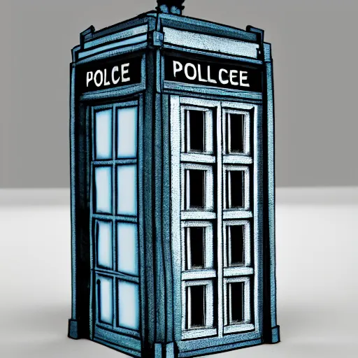 Image similar to a 1 8 2 9 police box is shown on a transparent background, a digital rendering by richard wilson, artstation, photorealism, physically based rendering, rendered in maya, made of wood