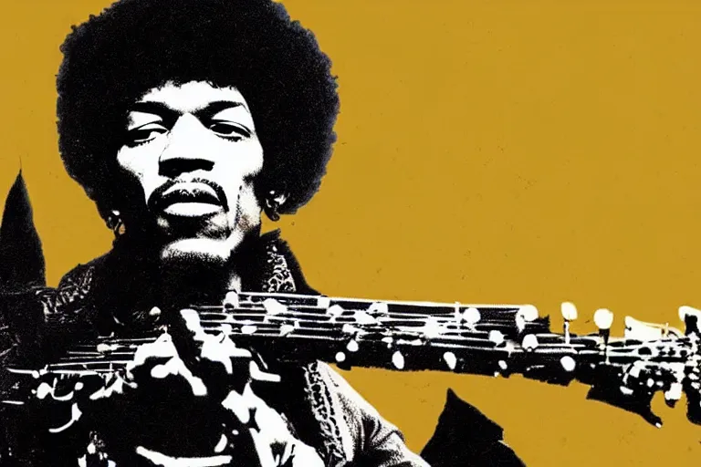 Image similar to jimi hendrix as topol in fiddler on the roof