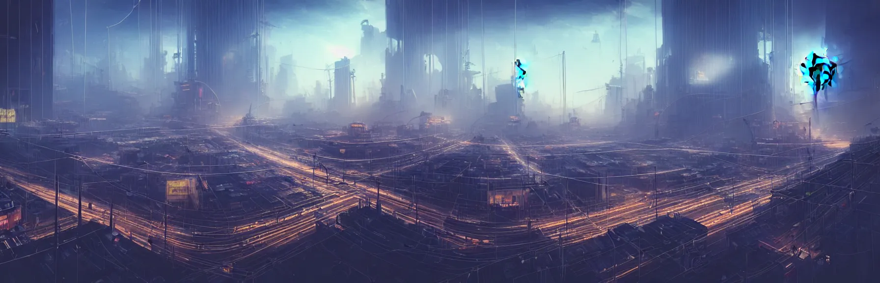 Prompt: “low angle of a gigantic building hovering above a city, long thick cables trash and debris hanging from underneath, smoke and thick dust in the air, rays of light, neon billboards and dried palmtrees in the streets, air ships examining the area, intricate and epic concept art, highly detailed, 8k, cinematic