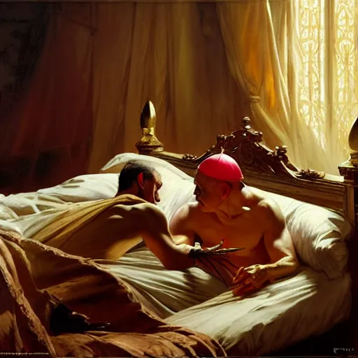 Image similar to the pope is in his bed, nervous and terrified, because a double horned shadow demon from hell is attacking him. highly detailed painting by gaston bussiere, j. c. leyendecker, greg rutkowski, craig mullins 8 k