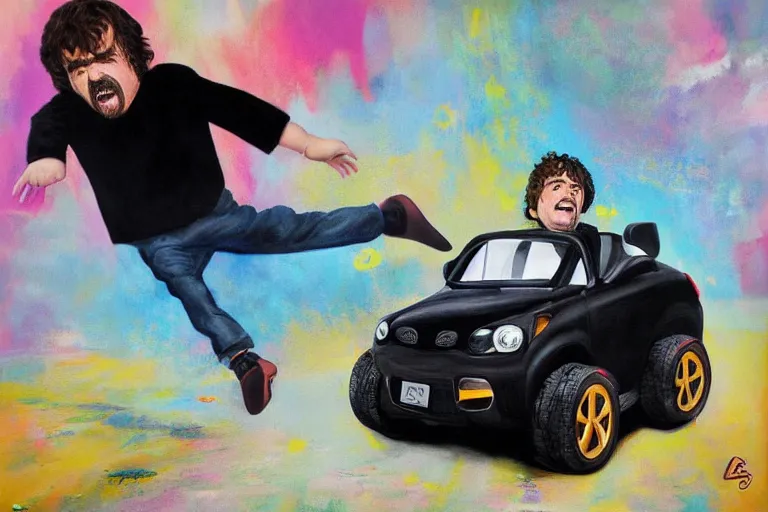 Image similar to black velvet painting of peter dinklage driving a little tikes crazy coupe