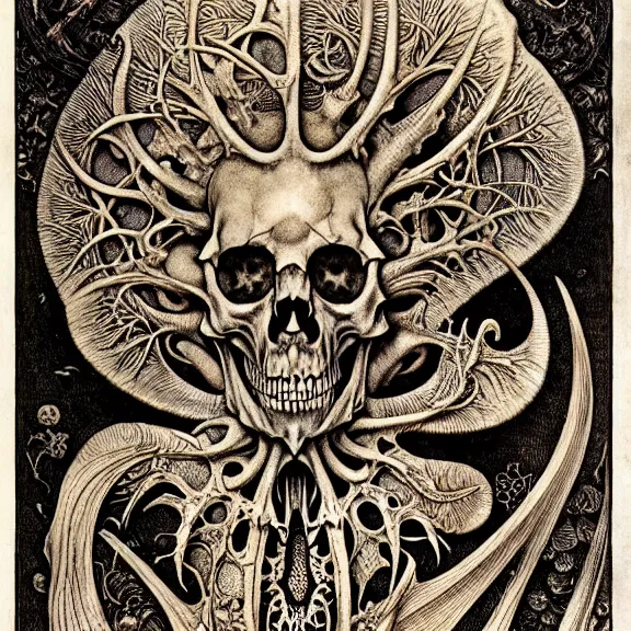 Image similar to memento mori by arthur rackham, art forms of nature by ernst haeckel, exquisitely detailed, art nouveau, gothic, ornately carved beautiful skull dominant, intricately carved antique bone, art nouveau botanicals, ornamental bone carvings, art forms of nature by ernst haeckel, horizontal symmetry, arthur rackham, ernst haeckel, symbolist, visionary