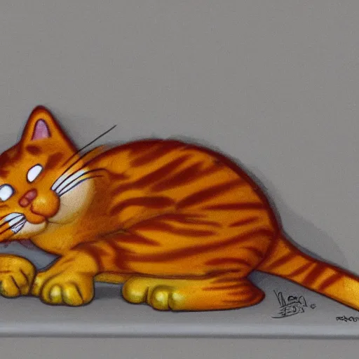 Prompt: Garfield the cat creepily raiding the fridge for lasagna at nine in the morning hyper realistic ultra realistic rtx trending on art station