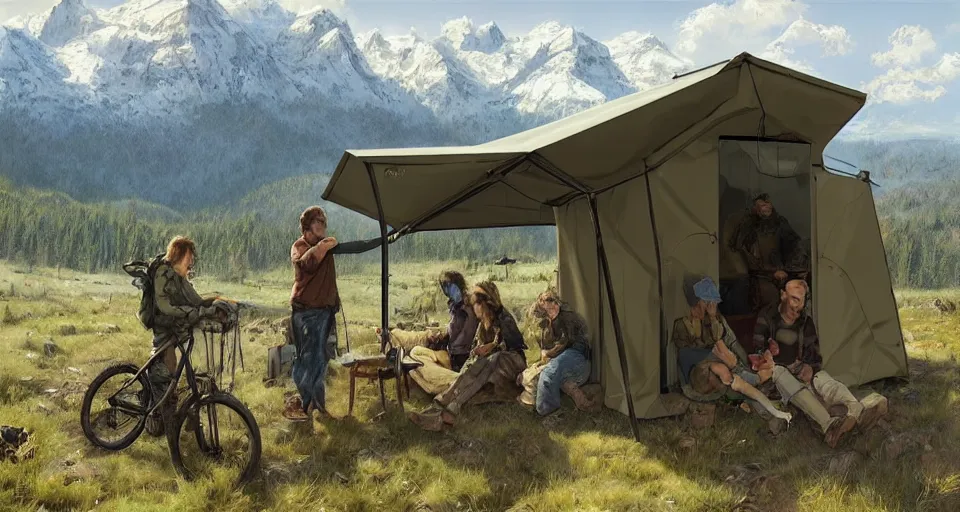 Image similar to cabela's beautiful comfortable carbon framed, modular insulated wall portable container home kit - house all weather family dwelling tent house, person in foreground, mountainous forested wilderness open fields, beautiful views, painterly concept art, environmental concept art, concept art illustration, by james gurney, by craig mullins, by greg rutkowski trending on artstation