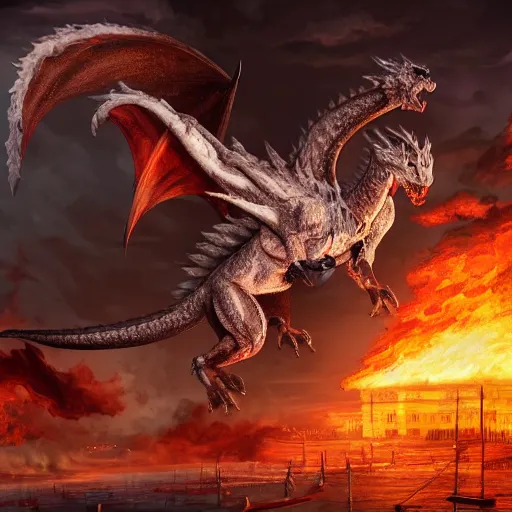 Image similar to illustration of a white dragon destroying a town with fire, realistic painting, high definition, digital art, matte painting, very detailed, realistic