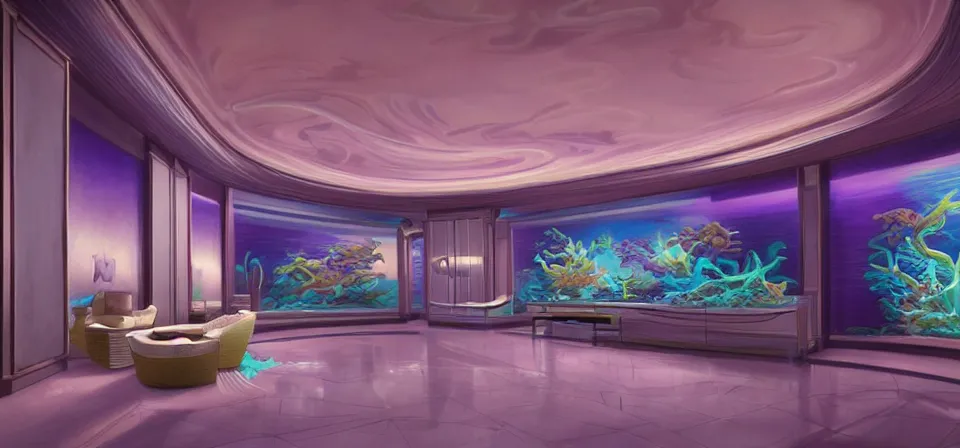 Image similar to vaporwave ombre detailed vast and sleek and modern luxury hotel lobby. underwater themed. highly detailed, digital painting, artstation, concept art, smooth, sharp focus, illustration, ed hopper, chris moore. artgerm, tomasz alen kopera, peter mohrbacher, donato giancola, joseph christian leyendecker, wlop, boris vallejo