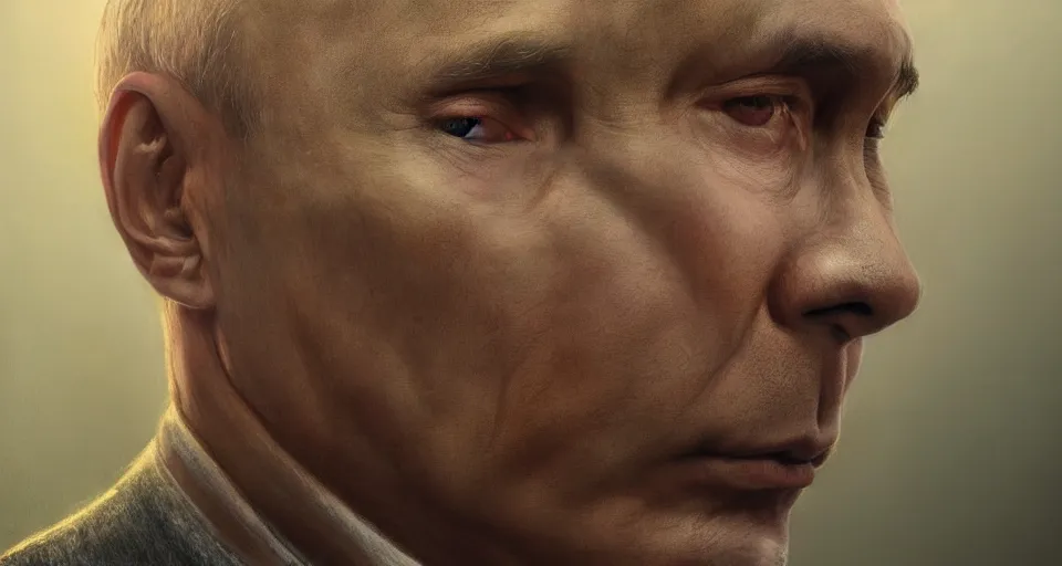 Prompt: hyperrealistic mixed media portrait of a sad Vladimir Putin forward angle, stunning 3d render inspired art by P. Craig Russell and Barry Windsor-Smith + perfect facial symmetry + dim volumetric lighting, 8k octane beautifully detailed render, post-processing, extremely hyperdetailed, intricate complexity, epic composition, grim yet sparkling atmosphere, cinematic lighting + masterpiece, trending on artstation