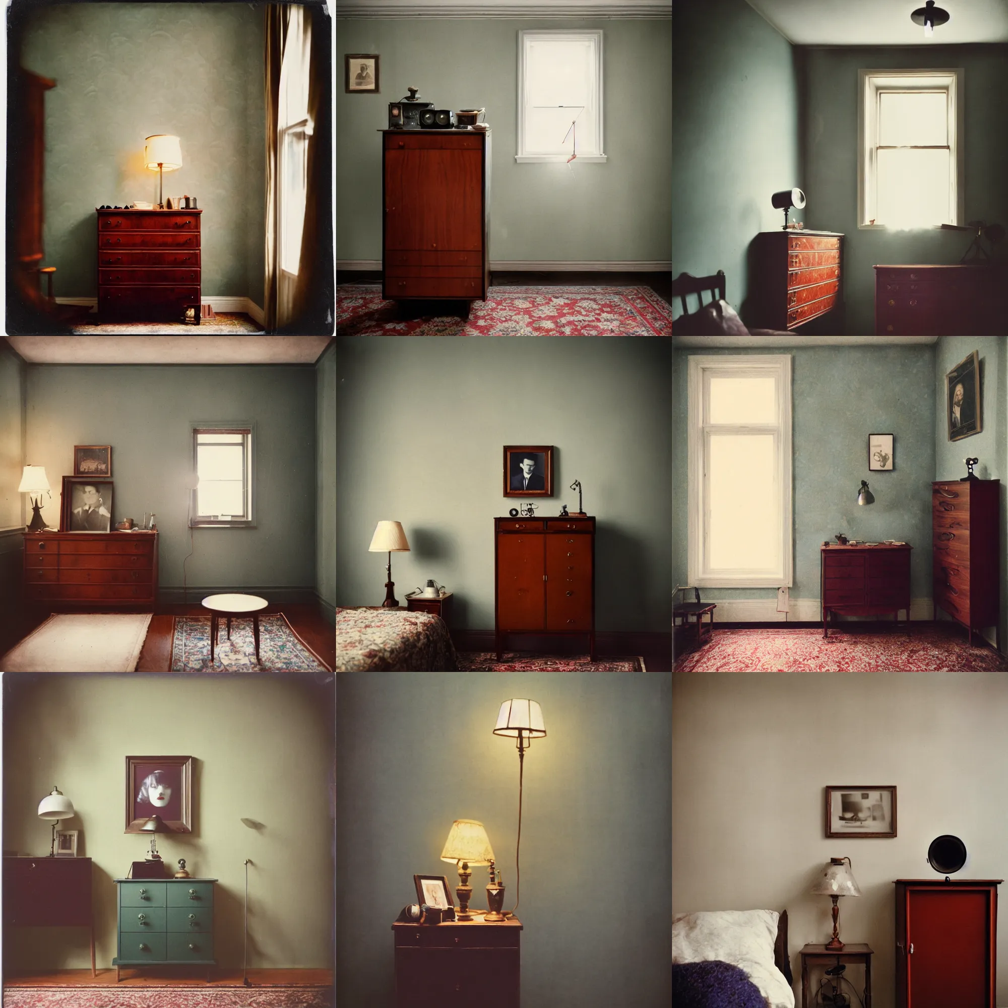 Prompt: kodak portra 4 0 0, wetplate, fisheye, award - winning portrait photo by britt marling, 1 9 2 0 s room, picture frames, 1 9 2 0 s furniture, wallpaper, carpet, shining lamp,, muted colours, blueberry, wood, fog,