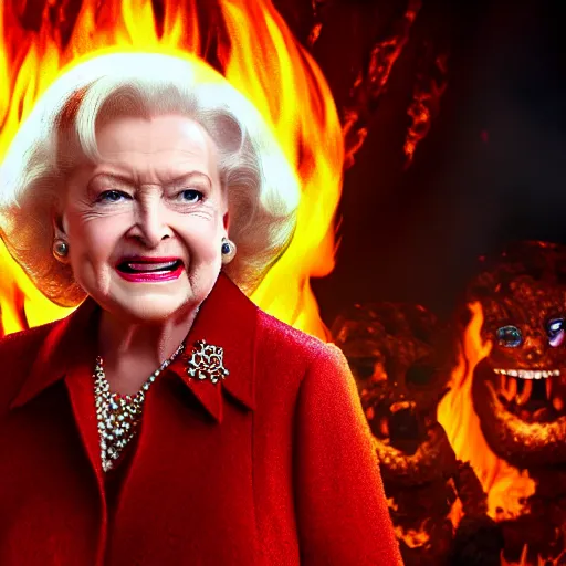 Image similar to stunning awe inspiring betty white as the queen of hell surrounded by fire, lava, brimstone and demonic killer dolls, movie still 8 k hdr atmospheric lighting