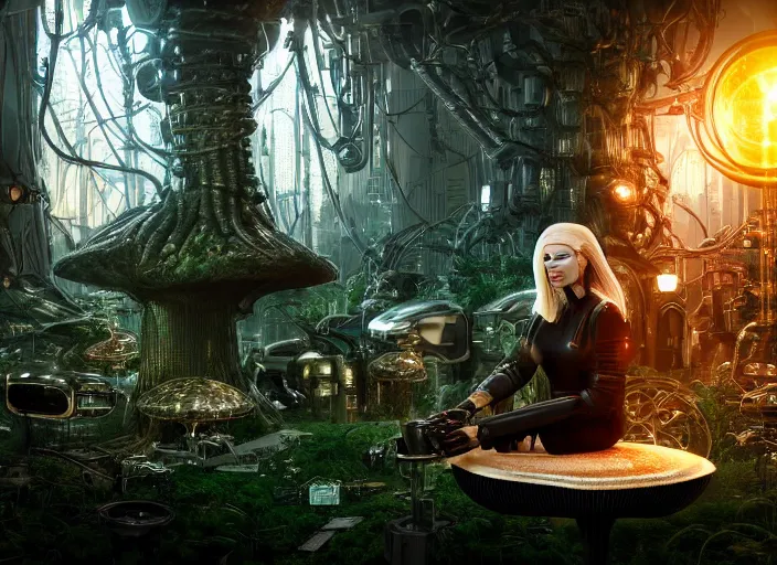 Image similar to photo of an intricate and sophisticated terminator woman with borg enhancements, blonde hair, plastic mask, sitting on a giant mushroom in a weird magical mechanical forest and drinking a cup of tea. Very detailed 8k. Fantasy cyberpunk horror. Sharp. Unreal 5 render with nanite, global illumination and path tracing. Cinematic post-processing