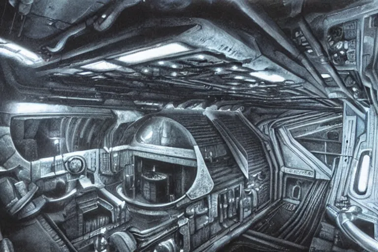 Image similar to interior of a space ship by giger with cryogenic pods, volumetric lighting, atmospheric