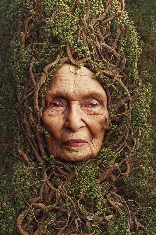 Prompt: intricate stunning highly detailed portrait of baba vanga, 🌱, by agostino arrivabene and vladimir kush, surreal, digital painting, ultra realistic, dramatic lighting, twisted vines, lush plants, pristine water, artstation