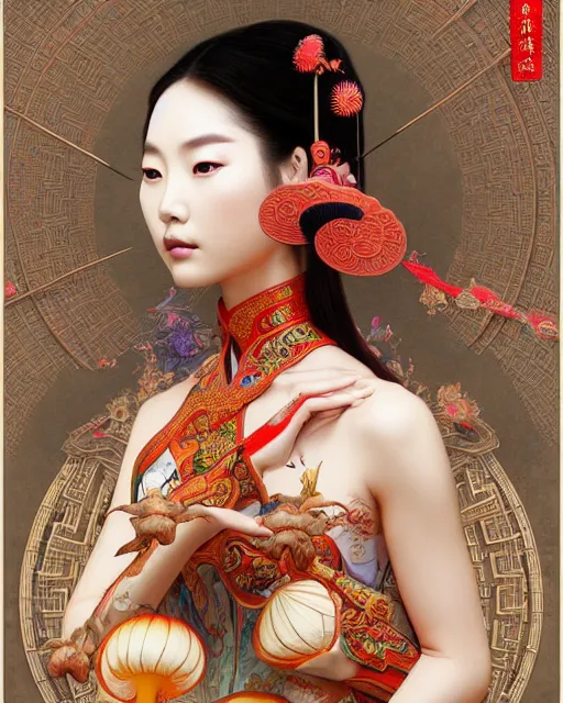 Image similar to pretty chinese model with hallucination mushroom, machine face, upper body, decorated with chinese opera motifs, asian, traditional chinese art, intricate, elegant, highly detailed, digital painting, artstation, concept art, smooth, sharp focus, illustration, art by artgerm and greg rutkowski and alphonse mucha, 8 k