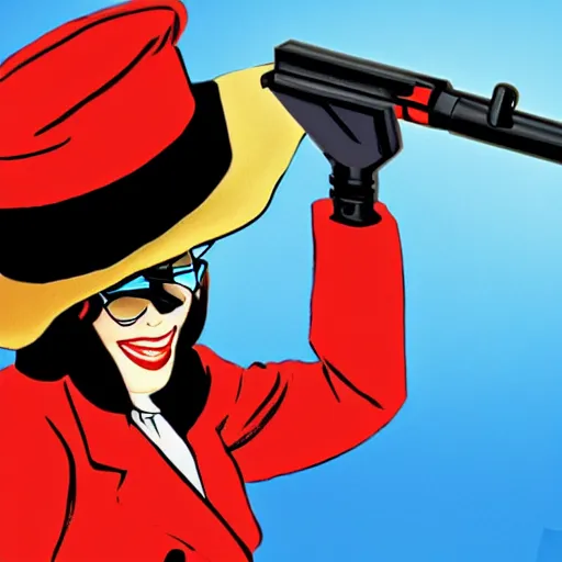 Image similar to carmen sandiego shooting a mace gun, high - res, art by dr. seuss