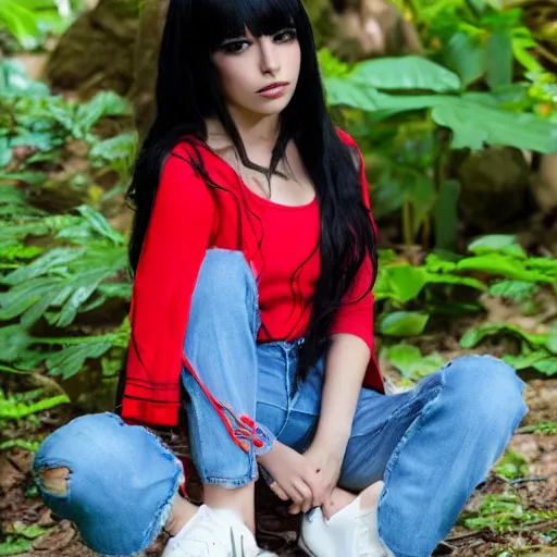 Prompt: latina anime girl using tight white and red raglan sleeves, tight blue jeans and cool shoes, silky long black hair with bangs in a tropical forest n - 9