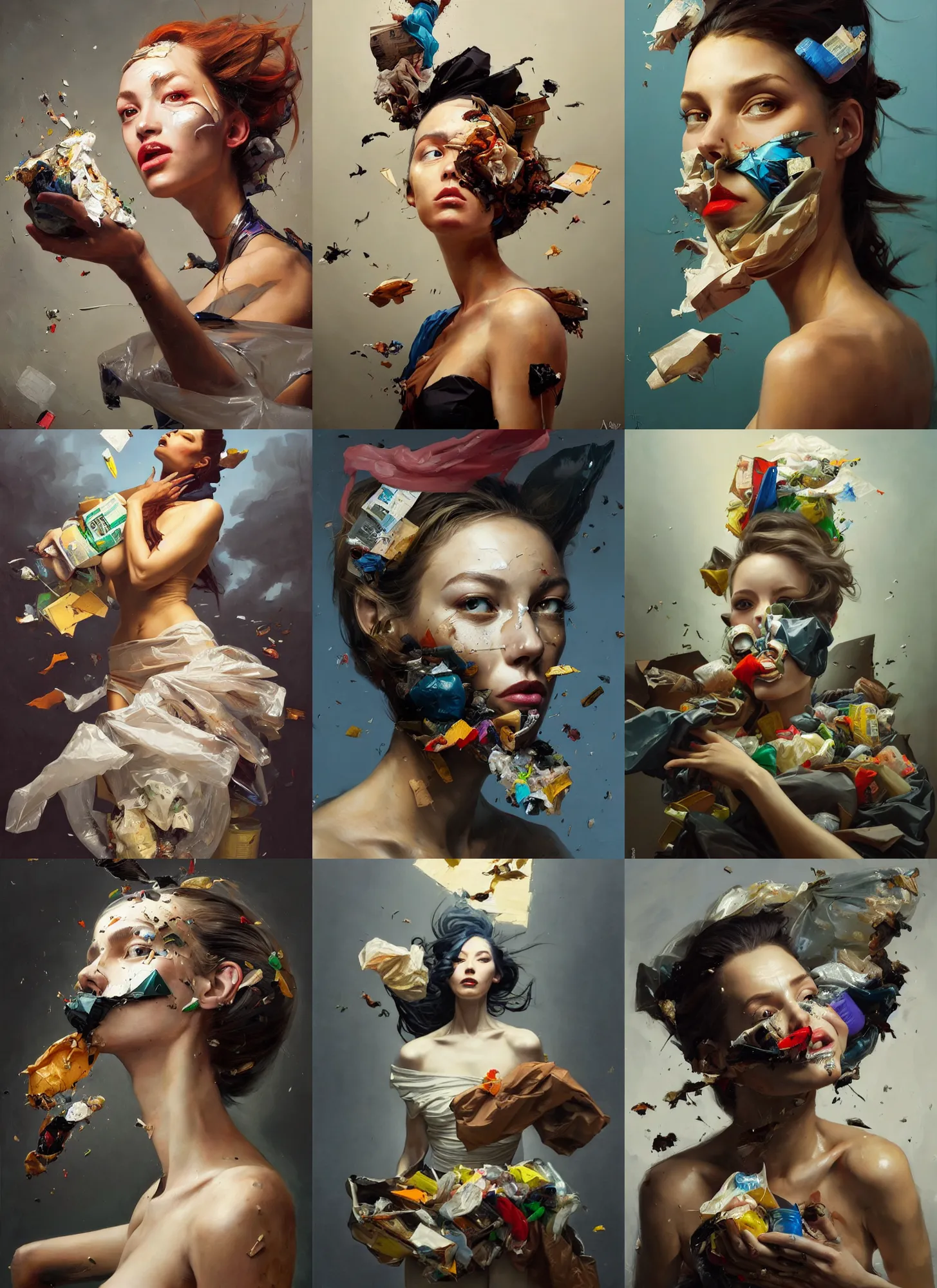 Image similar to fine art portrait oil painting of a beautiful woman with garbage flying into her face, wearing a plastic garbage bag, perspective, ultra detailed, elegant, intricate, dynamic lighting, hyperrealism, sharp focus, art by peter mohrbacher and ashley wood and andrei riabovitchev