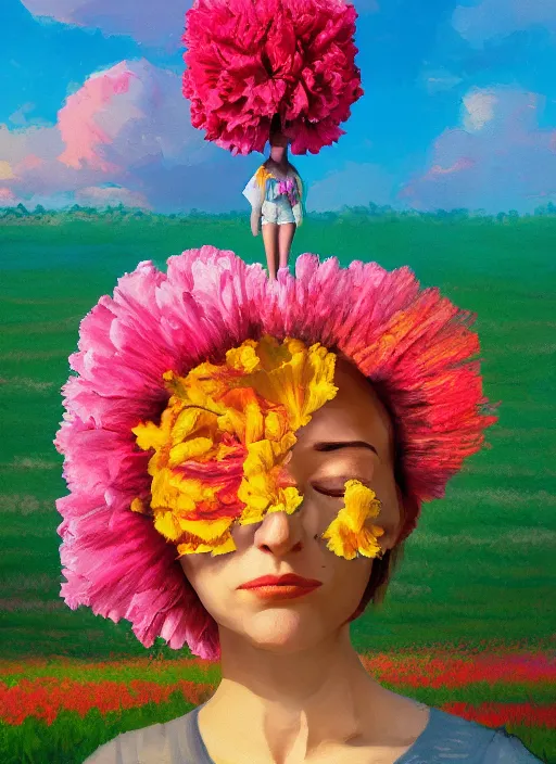 Image similar to portrait of a woman with a giant carnation as a face, flower field, surreal photography, sunset dramatic light, impressionist painting, colorful clouds, blue sky, digital painting, artstation, simon stalenhag