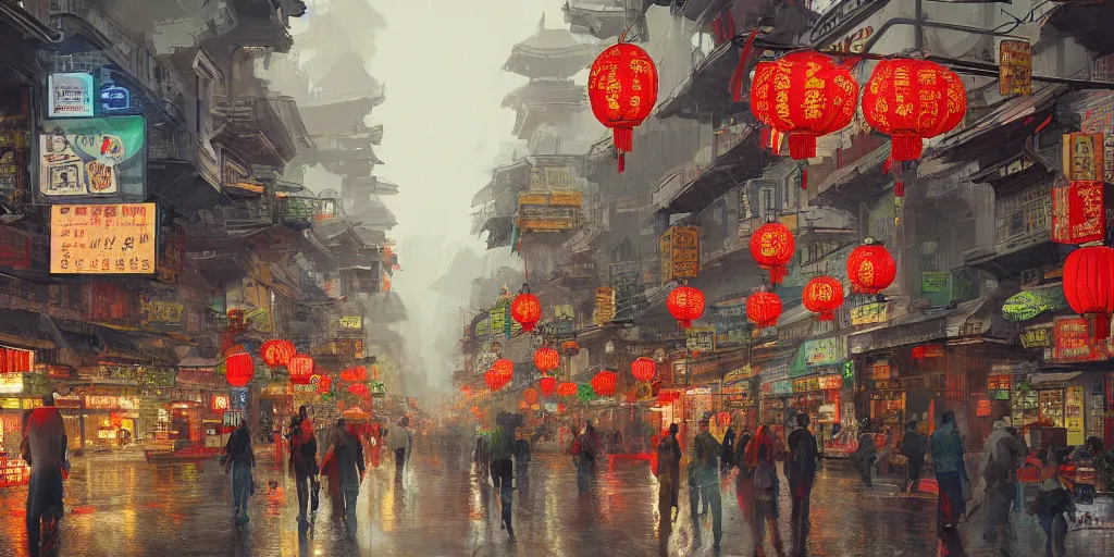 Prompt: an environmental concept art of a busy street in chinatown, rainy, highly detailed by francis tneh