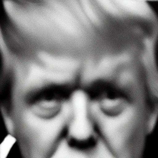 Image similar to photo of Donald Trump by Diane Arbus, extreme closeup, black and white, high contrast, Rolleiflex, 55mm f/4 lens