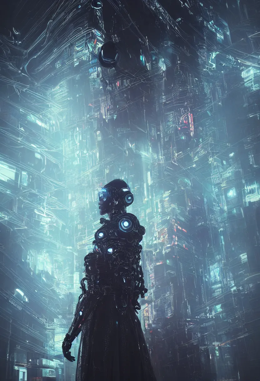 Prompt: an epic portrait of a cyberpunk robot wizard knight with a digital netrunner neon filigree robe and a saintly halo behind their head in a mist-filled brutalist international futurist megacity, muted neon and constant rain with alien stars poking through the clouds, unreal 5, DAZ, detailed, octane render, soft focus, brilliant colors, high contrast, brilliant highlights, 4k, 8k, HD, trending on artstation, trending on DeviantArt, art by Alena Aenmai by Wayne Barlowe by Beeple, abstract