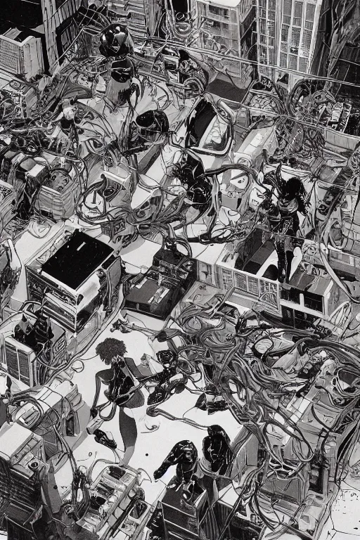 Image similar to a hyper-detailed cyberpunk illustration of a group of female androids' bodies torn apart, with cables and wires coming out, lying scattered in various poses over an empty floor, by masamune shirow and katsuhiro otomo, seen from above, japan 1980s, no background