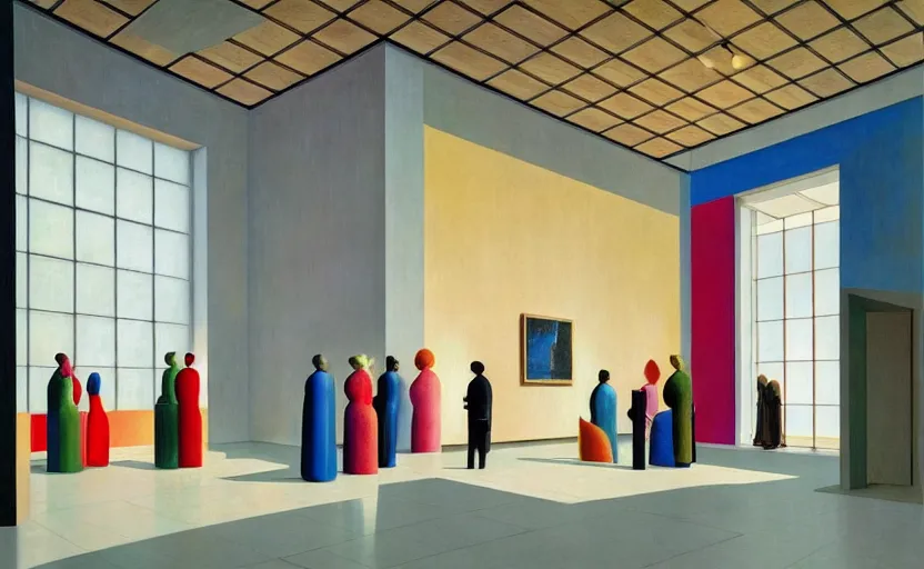 Prompt: an achingly beautiful print of the interior of a modern art museum with vibrant contemporary marble sculptures display, by Raphael, Hopper, and Rene Magritte. detailed, romantic, enchanting, trending on artstation.